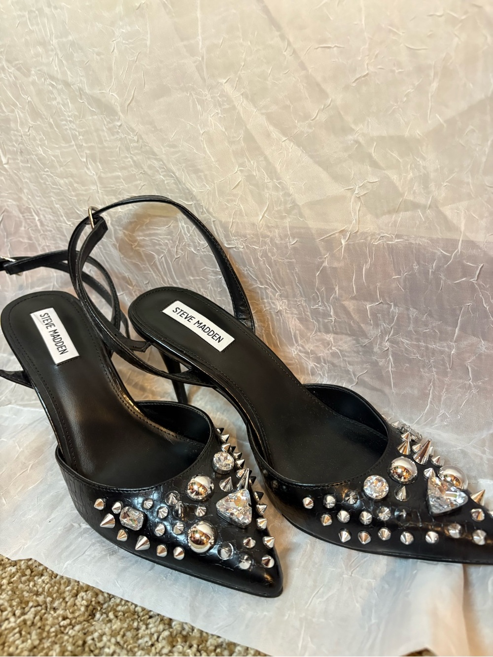 Steve Madden Black Studded Pointed Toe Slingback Heels